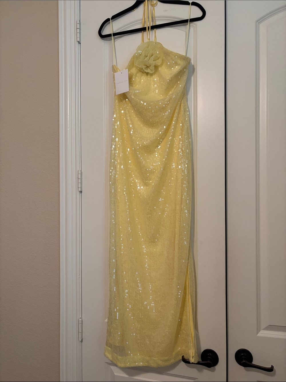 Endless Rose Yellow Sequin Halter Gown with Floral Accent